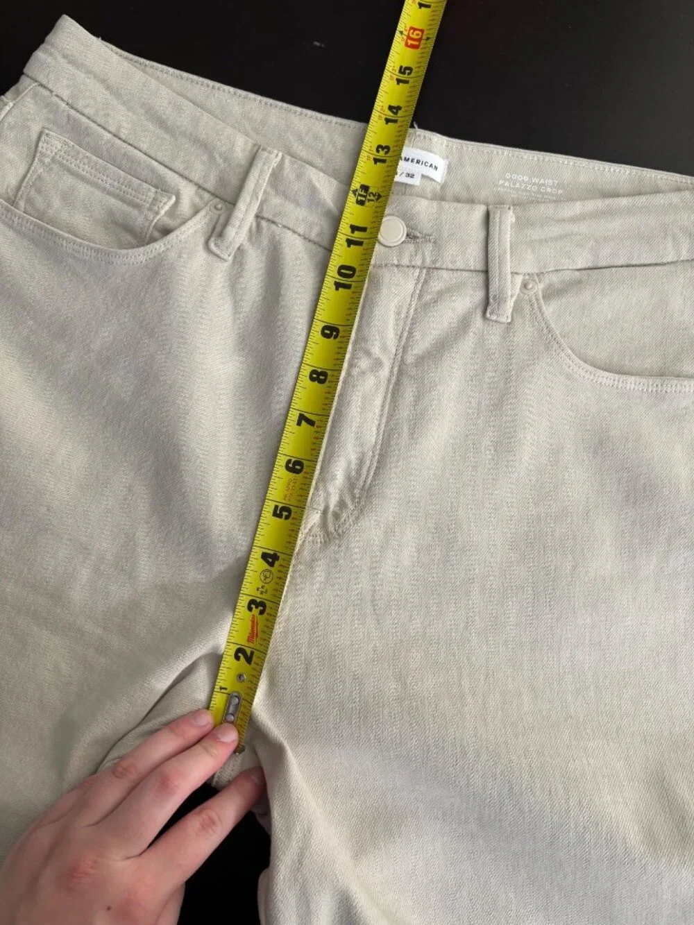 Good American Palazzo Cropped Raw Hem Cream Denim High-Rise Jeans 14 Stretchy - Picture 11 of 13